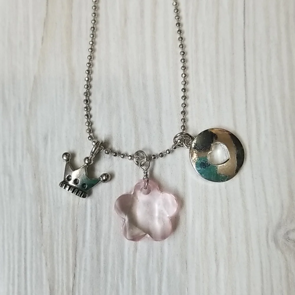 Cookie Lee girls silver princess crown and pink flower necklace NWT